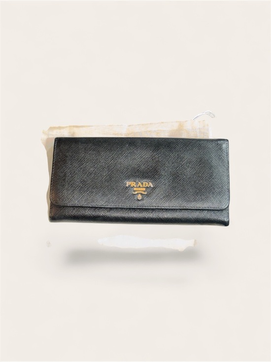 Prada Handbags - Prada Black Saffiano Leather Flap Continental Wallet with Gold Logo